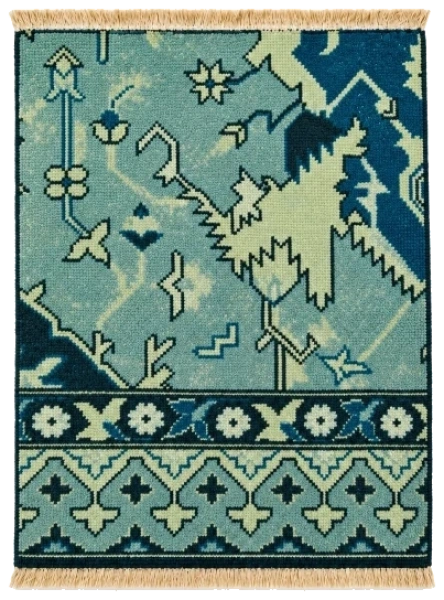 Teal and Indigo Architectural Geometric Cut-Pile Hand-Tufted Wool Rug