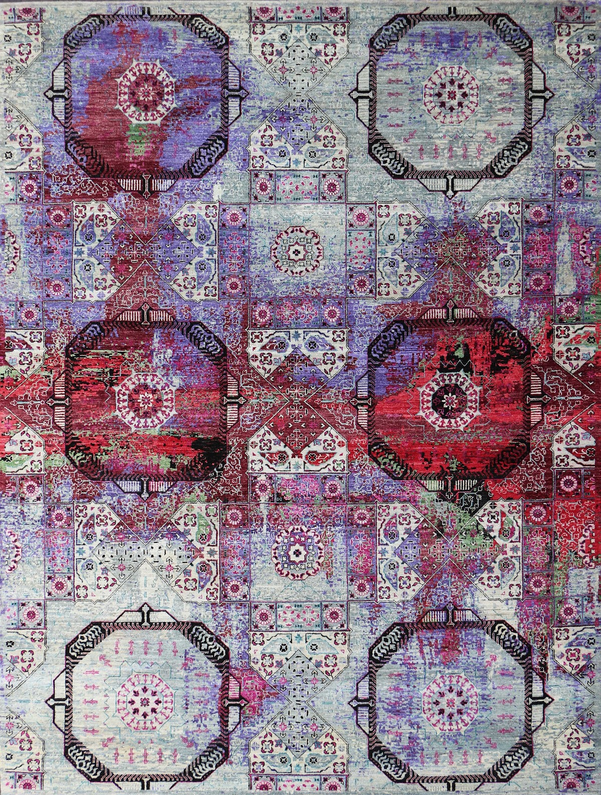 Hand-knotted Persian silk carpet 9x12 Bahrain majlis, design 4690