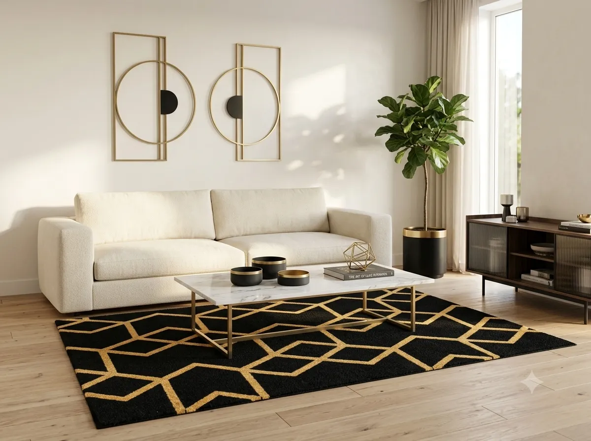 Geometric Hand Tufted Rug in Wool & Tencel (Black & Gold)