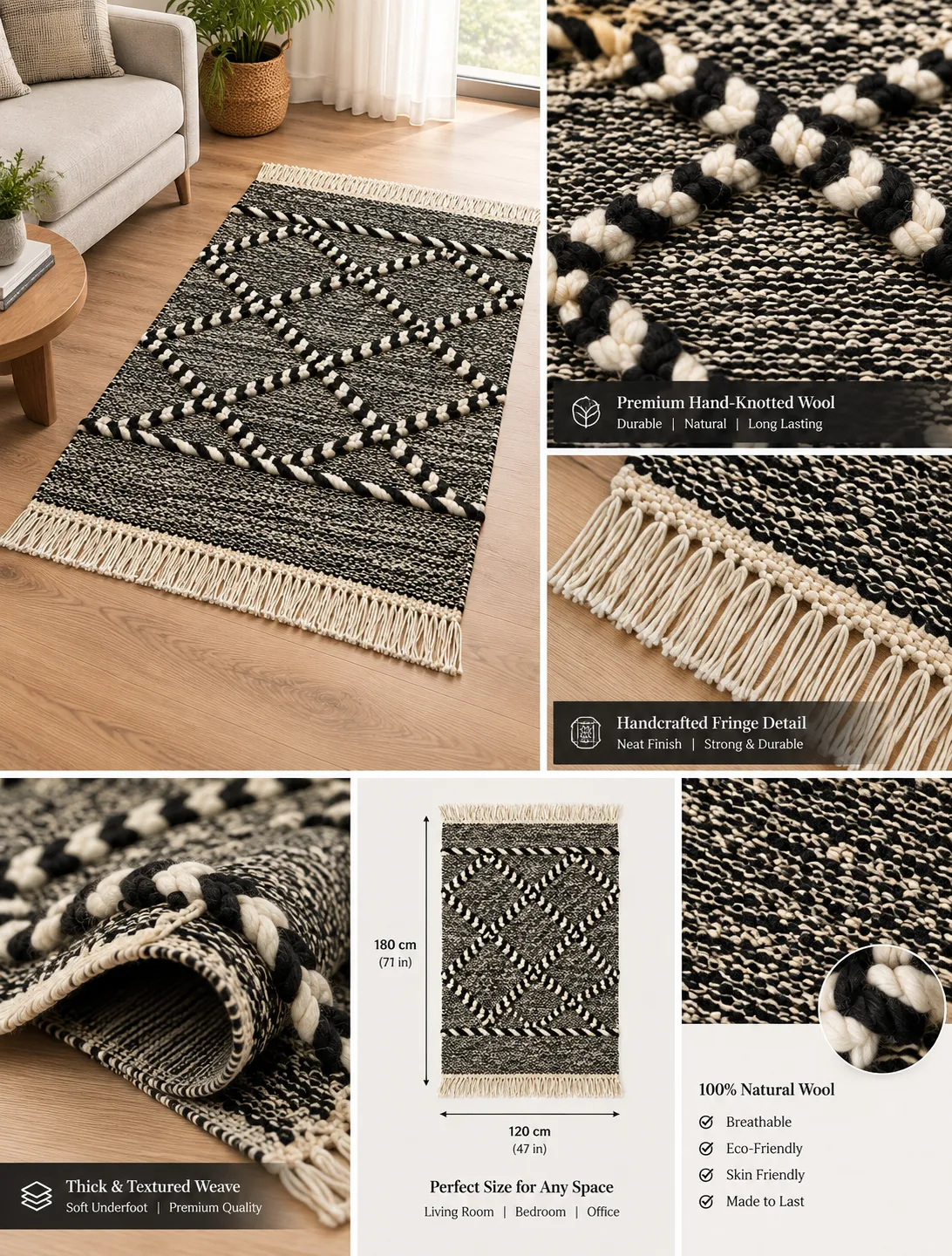 Line Hand Woven Rug in Wool & Cotton (White & Grey)