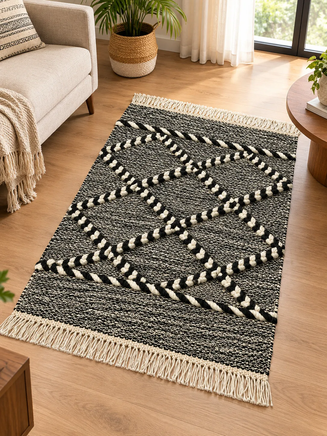 Geometric Hand Tufted Rug in Wool (Grey & Cream)
