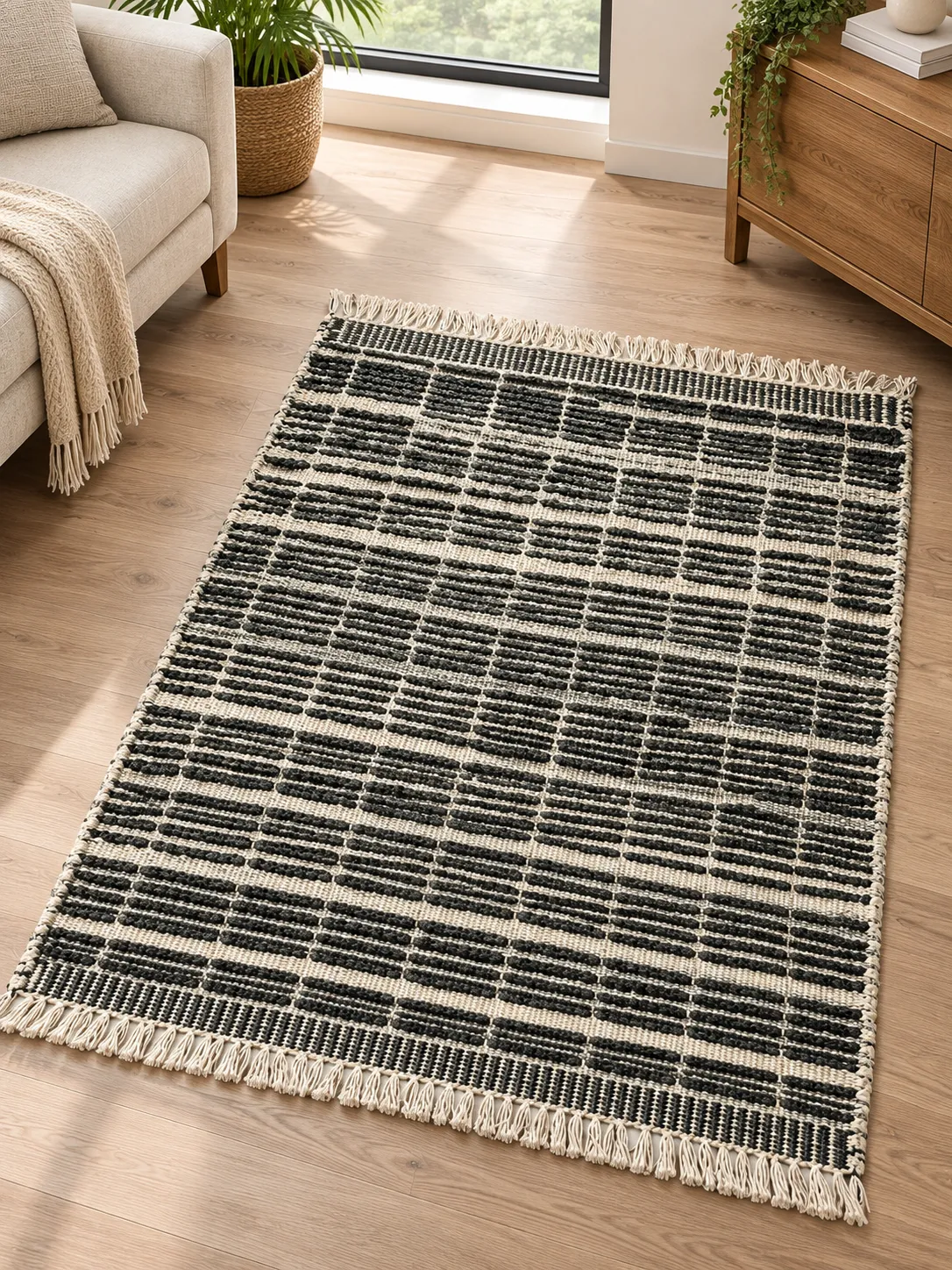 Line Hand Woven Rug in Bamboo & Cotton (Black & White)