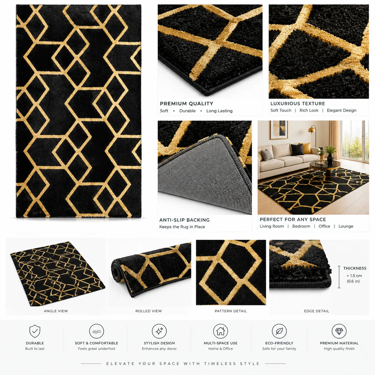 Geometric Hand Tufted Rug in Wool & Tencel (Black & Gold)
