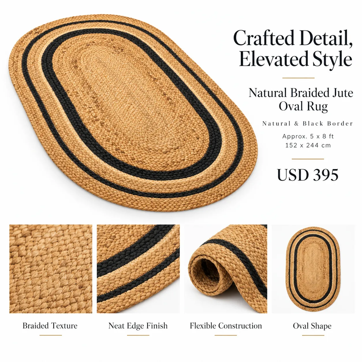 Stripe Machine Stitch Rug in Jute (Black & Brown)