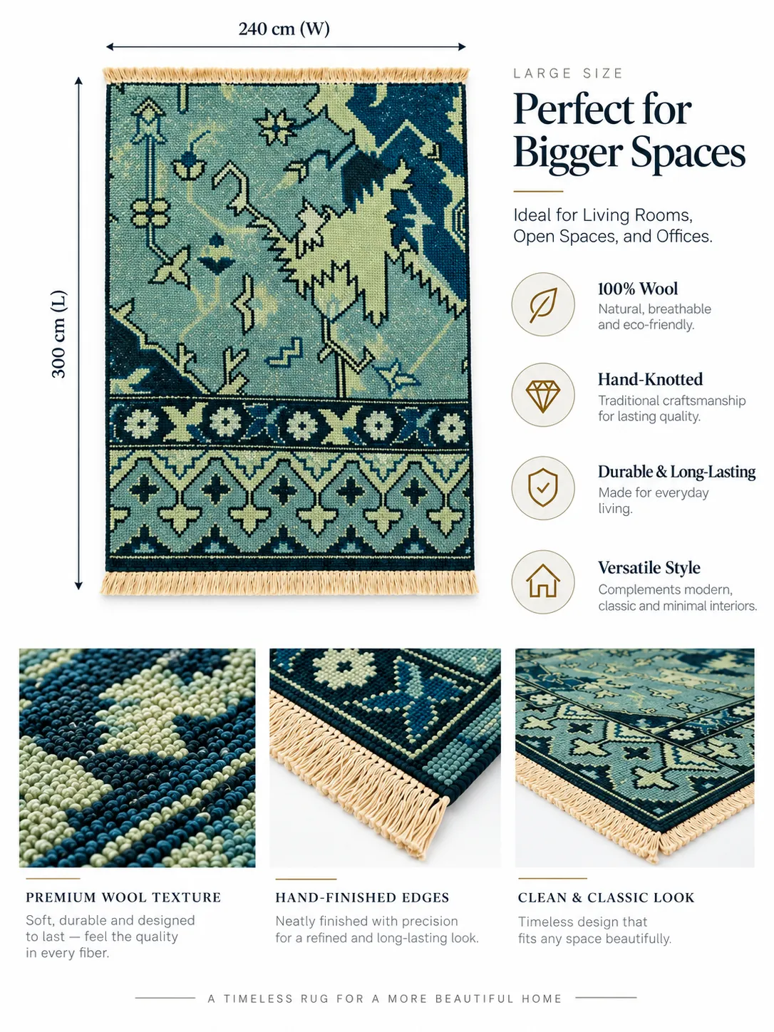 Floral Hand Knotted Rug in Wool & Cotton (Cream & Blue)