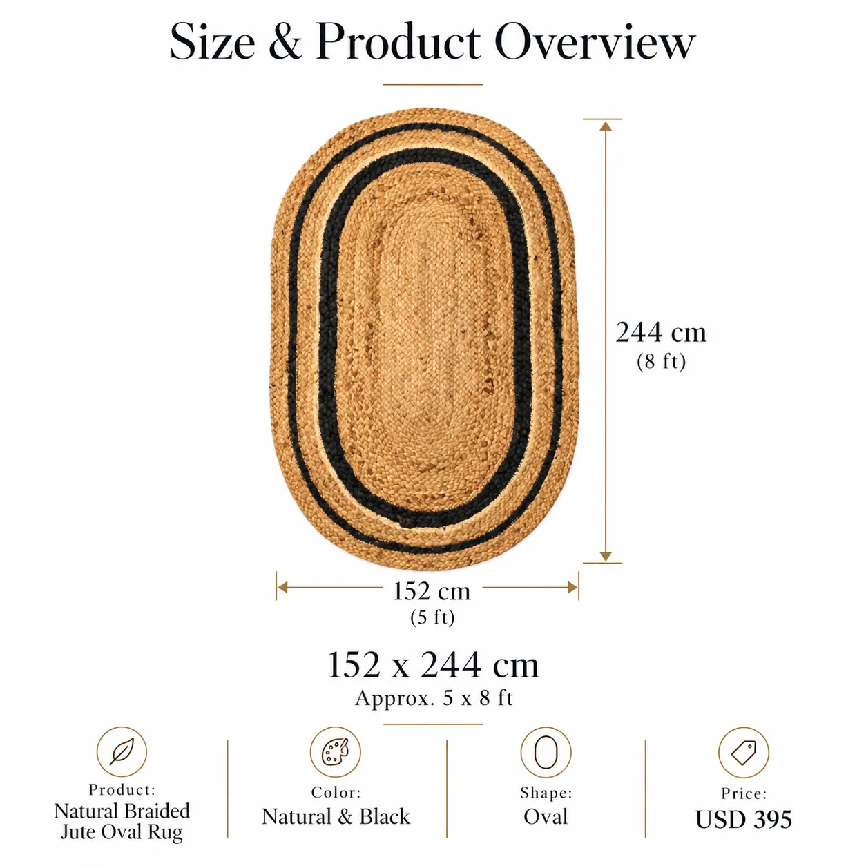 Stripe Machine Stitch Rug in Jute (Black & Brown)