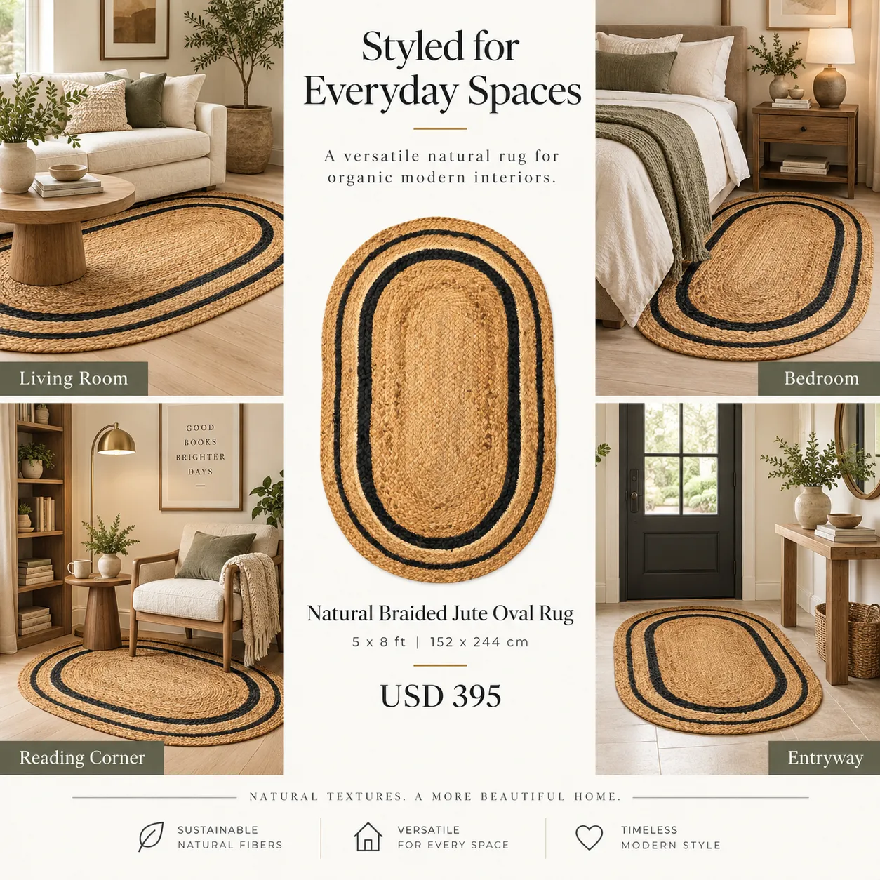 Stripe Machine Stitch Rug in Jute (Black & Brown)