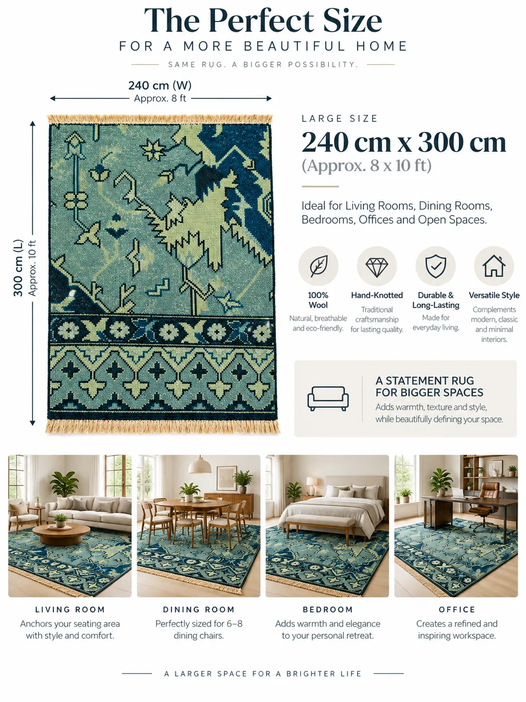 Floral Hand Knotted Rug in Wool & Cotton (Cream & Blue)